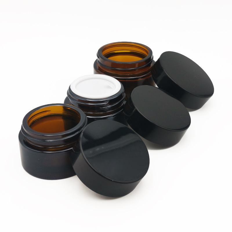 60ml 100ml Empty Amber Cylinder Shape Cosmetic Creami Glass Jar Container with black caps