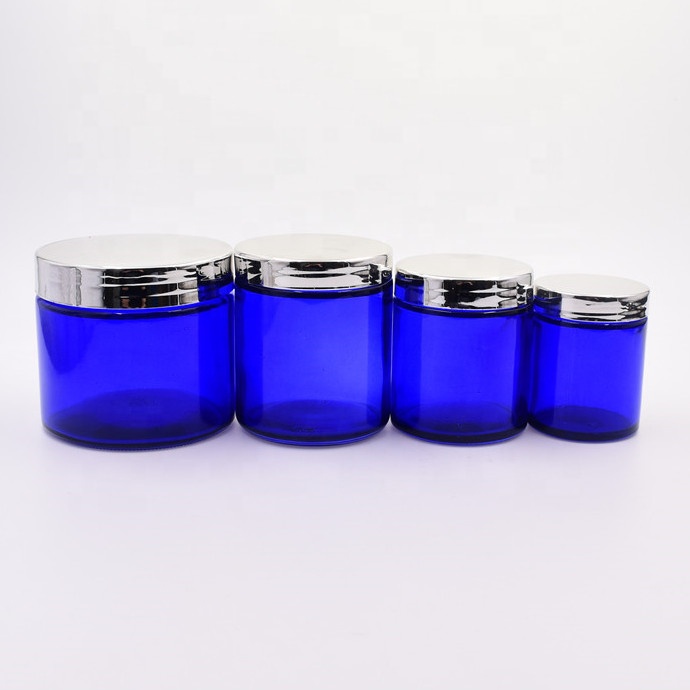 60ml 120ml 180ml 240ml 2 oz 4 oz 6 oz 8 oz custom design round blue straight sided glass jar with airtight silver lid For candle