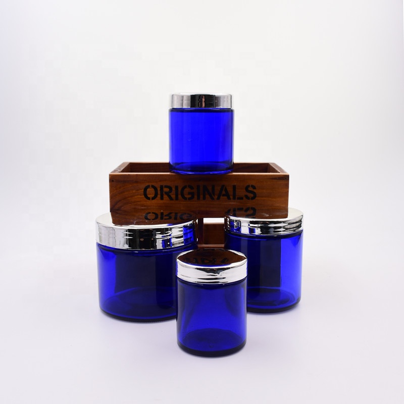 60ml 120ml 180ml 240ml 2 oz 4 oz 6 oz 8 oz custom design round blue straight sided glass jar with airtight silver lid For candle