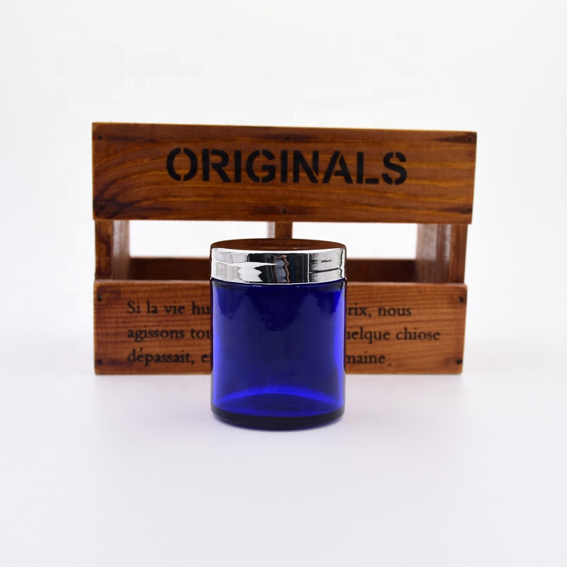 60ml 120ml 180ml 240ml 2 oz 4 oz 6 oz 8 oz custom design round blue straight sided glass jar with airtight silver lid For candle