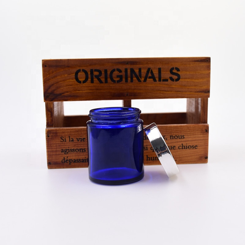 60ml 120ml 180ml 240ml 2 oz 4 oz 6 oz 8 oz custom design round blue straight sided glass jar with airtight silver lid For candle