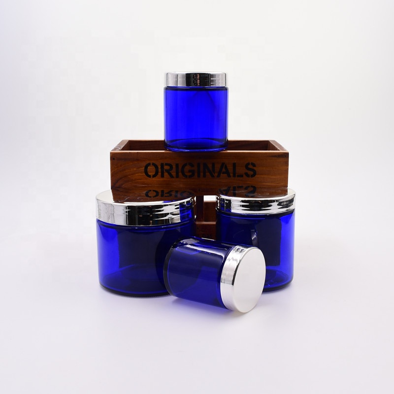 60ml 120ml 180ml 240ml 2 oz 4 oz 6 oz 8 oz custom design round blue straight sided glass jar with airtight silver lid For candle