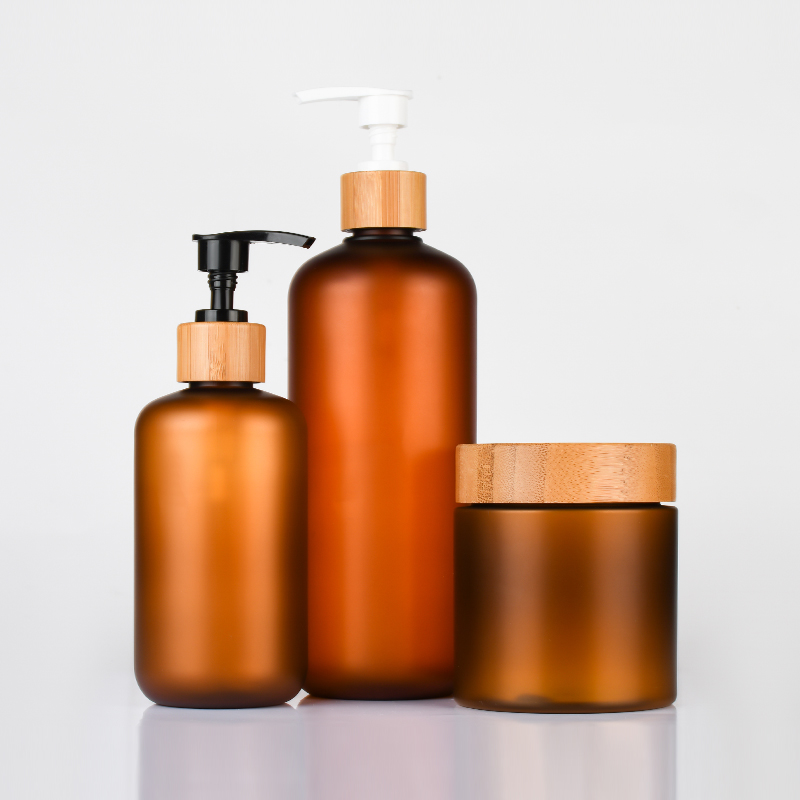 60ml 120ml 250ml 500ml amber frosted plastic lotion bottle cream jar with bamboo lids