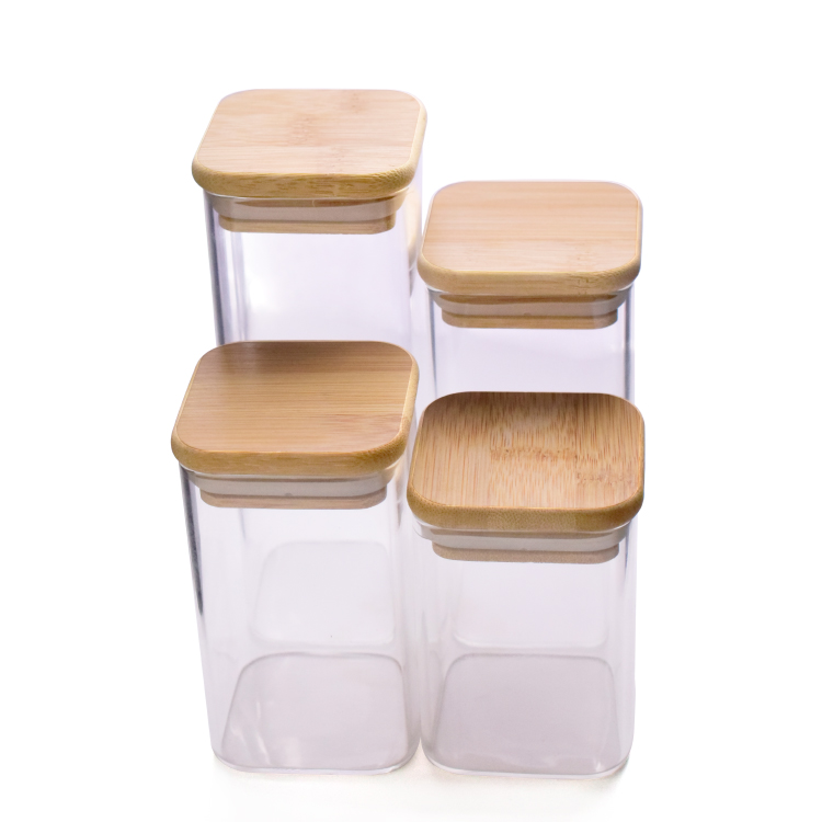 60ml 120ml  Bamboo Lid square Storage Glass Jar With Wooden Lid Suction Container Jars For Candle Coffee Packaging