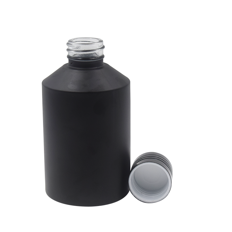 60ml 125lml 200ml 250ml large round slant shoulder matte black color serum bottles for body with black aluminum screw cap