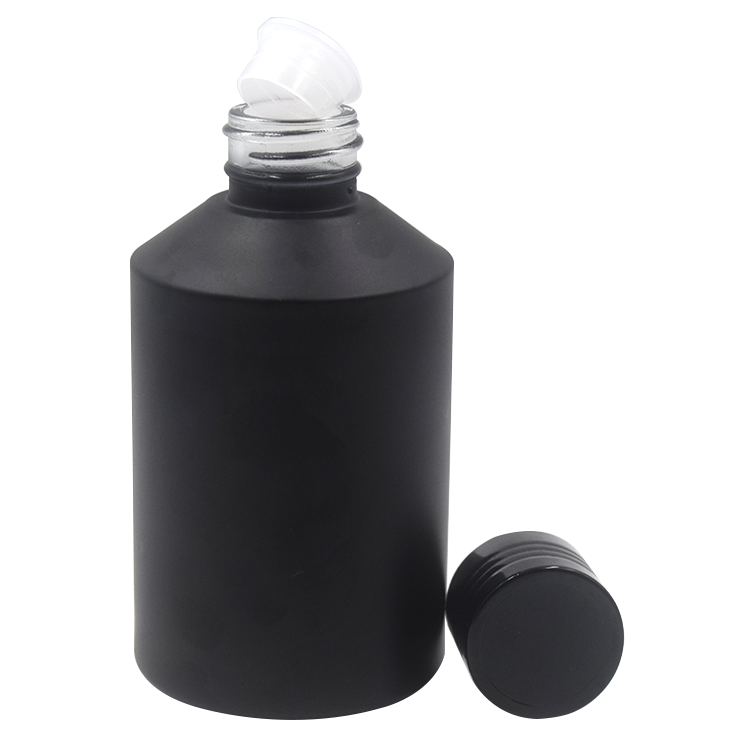 60ml 125lml 200ml 250ml large round slant shoulder matte black color serum bottles for body with black aluminum screw cap