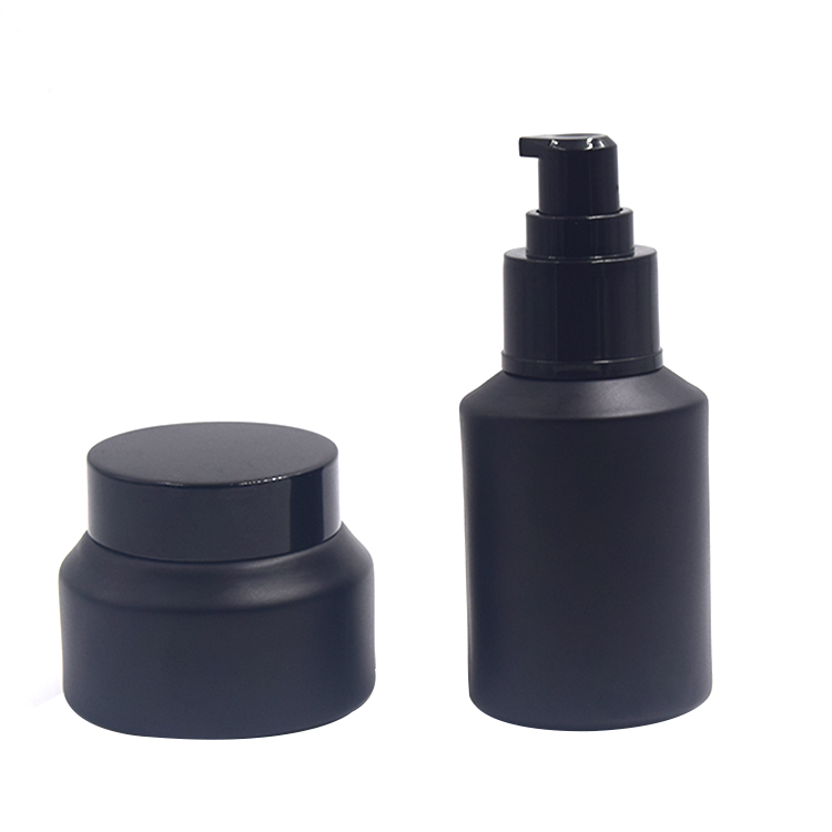 60ml 125lml 200ml 250ml large round slant shoulder matte black color serum bottles for body with black aluminum screw cap
