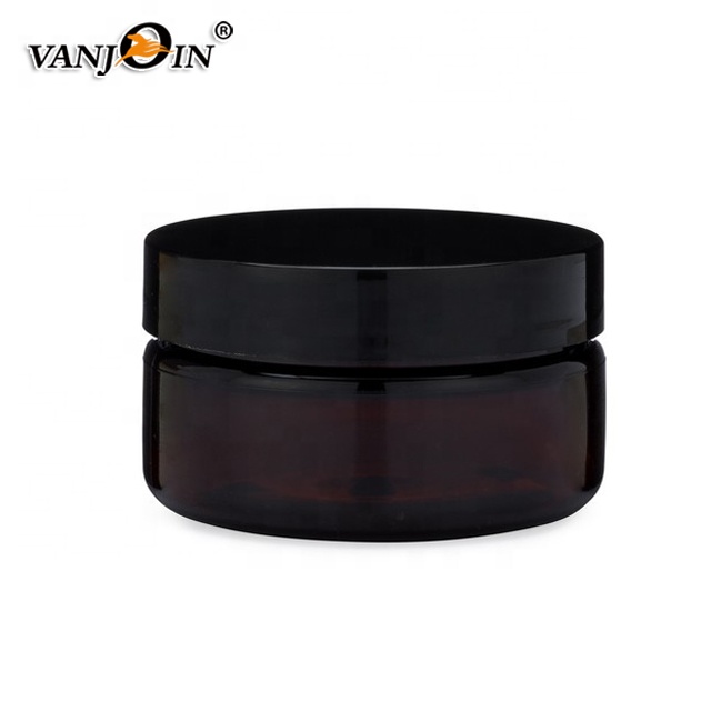 60ml 2oz Cosmetic Skin Care Flat Amber Pet Plastic Jars With Smooth Black Lids