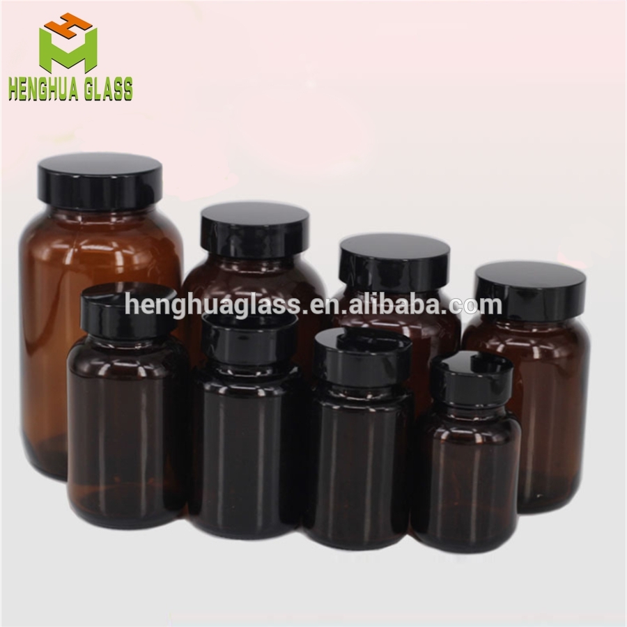60ml 75ml 100ml 120ml 150ml 200ml 250ml 300ml 400ml 500ml amber glass Vitamin  bottle pill glass jar with black screw cap