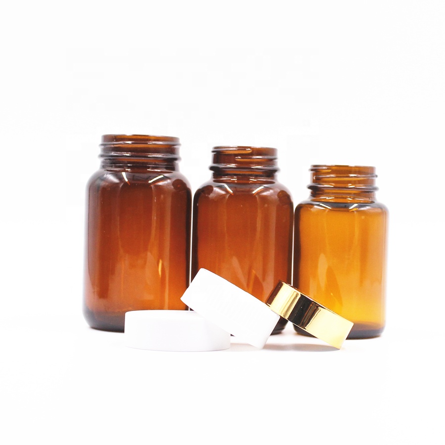 60ml 75ml 100ml 120ml 150ml 200ml wide mouth amber round pharmaceutical tablet pill health care capsules glass bottle