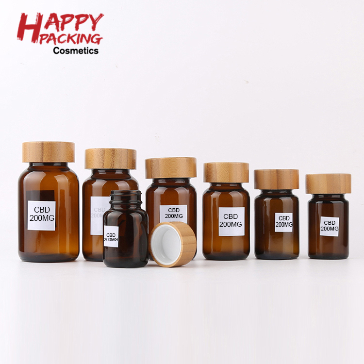 60ml 75ml 100ml 120ml 150ml CRC Bamboo Cap Amber Wide Mouth Glass Pill Bottle