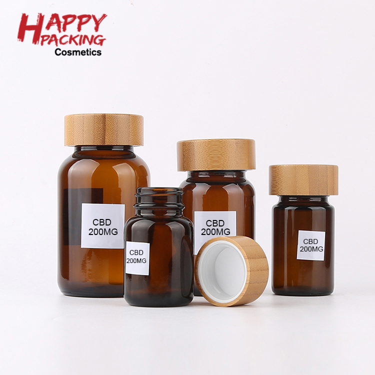 60ml 75ml 100ml 120ml 150ml CRC Bamboo Cap Amber Wide Mouth Glass Pill Bottle