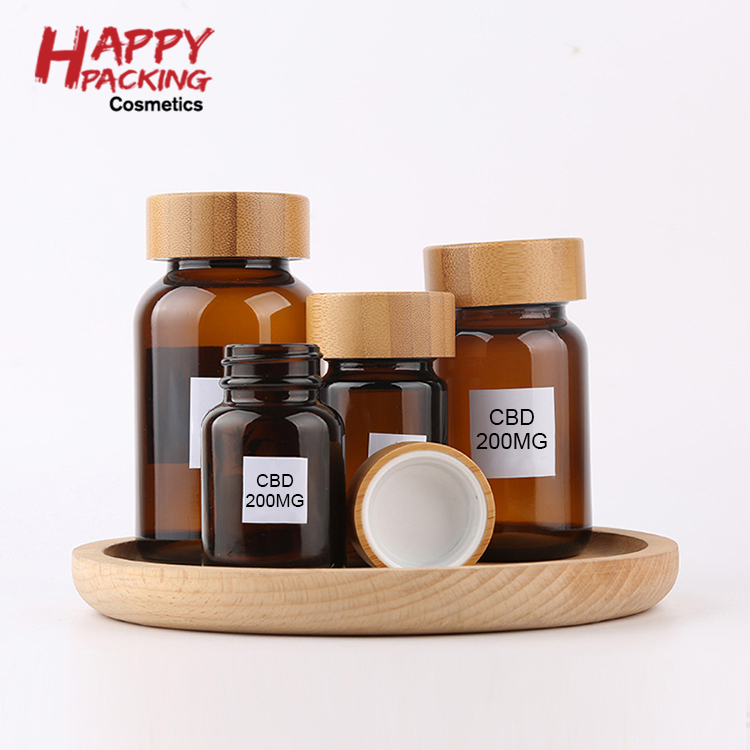 60ml 75ml 100ml 120ml 150ml CRC Bamboo Cap Amber Wide Mouth Glass Pill Bottle