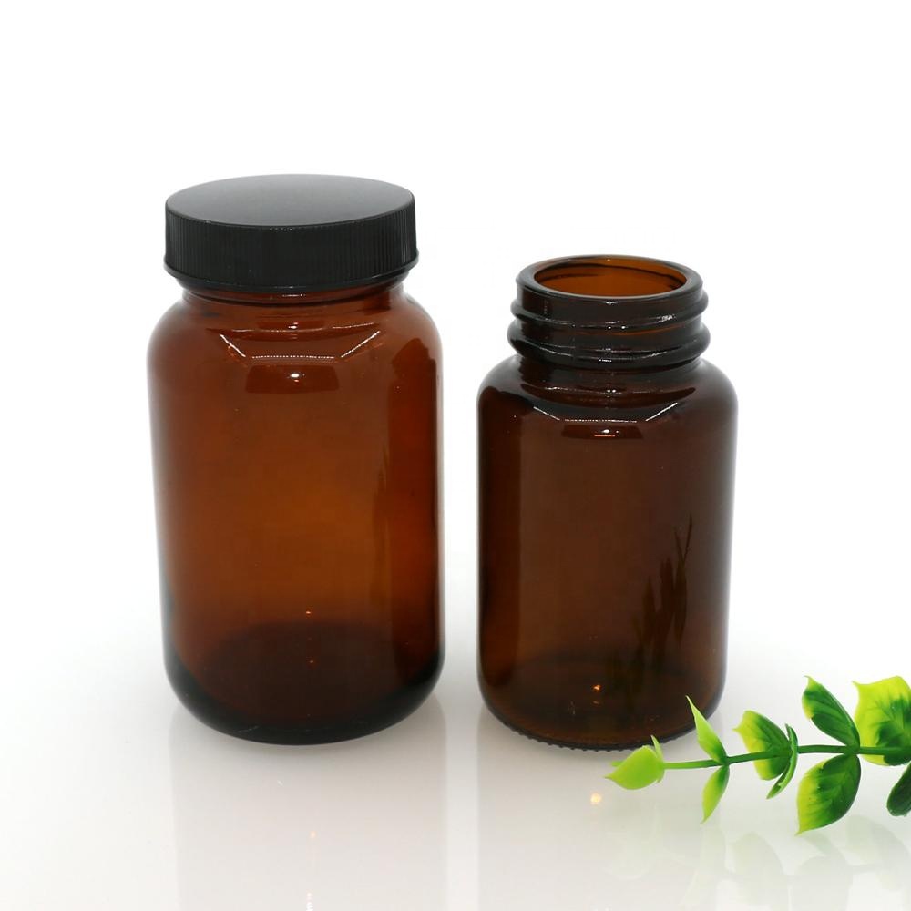 60ml,75ml,100ml,120ml,150ml empty wide mouth glass amber pill bottle for pharmaceutical tablet