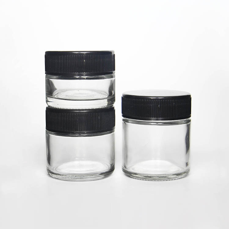 60ml 90ml 120ml Round food grade child proof glass jar manufacturer with black plastic lid