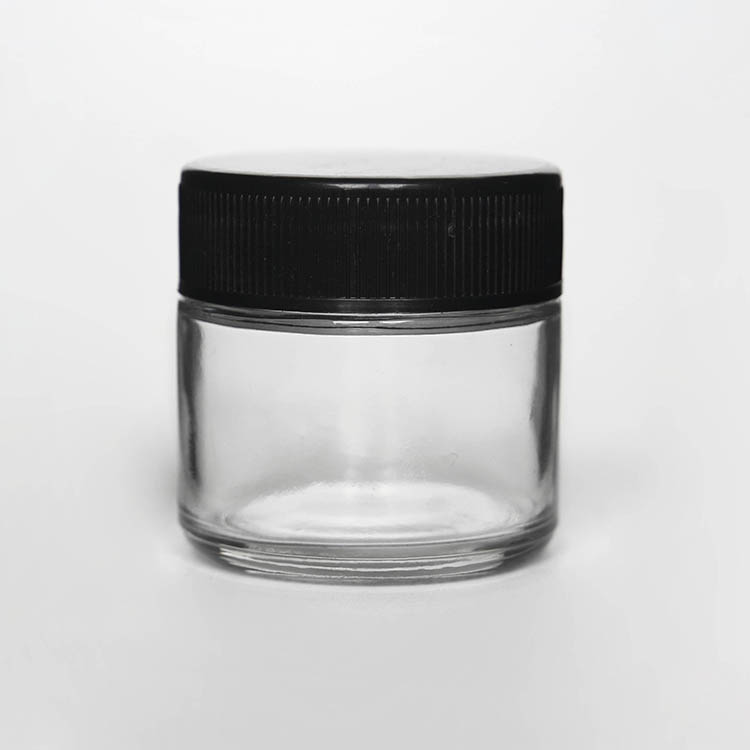 60ml 90ml 120ml Round food grade child proof glass jar manufacturer with black plastic lid