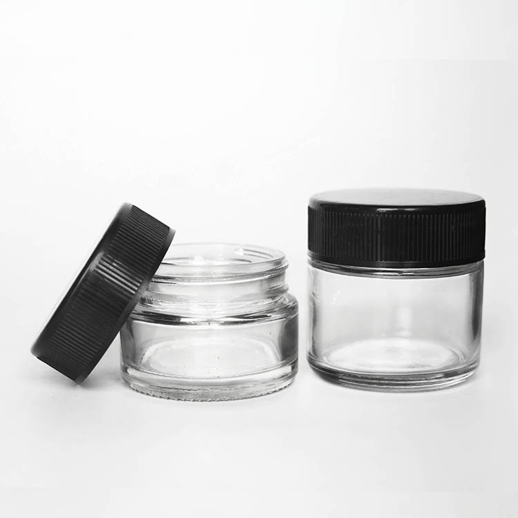 60ml 90ml 120ml Round food grade child proof glass jar manufacturer with black plastic lid