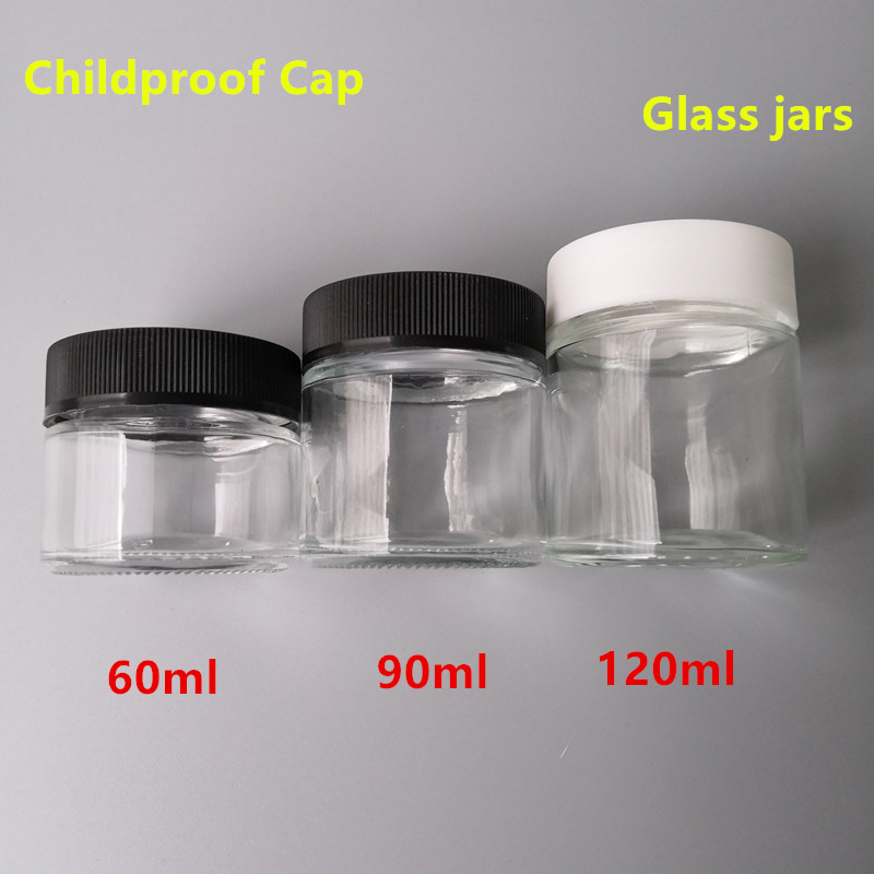 60ml 90ml 120ml glass jar child proof cap black/white cap weed Child Resistant Glass Jar custom smell proof jars glass packaging