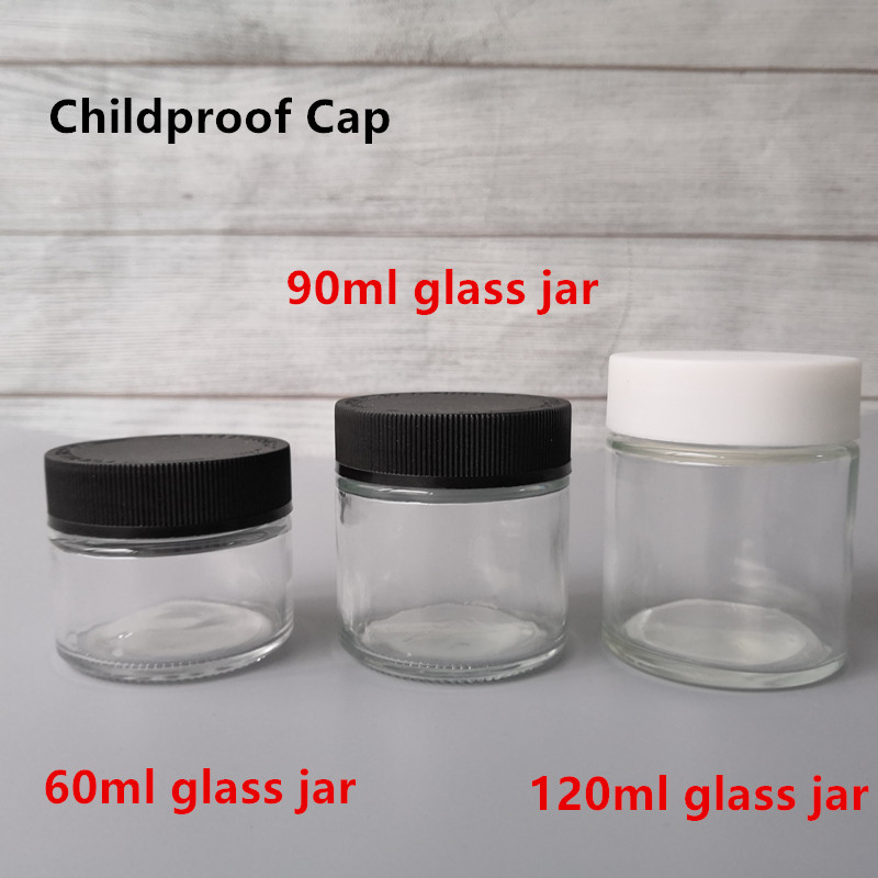 60ml 90ml 120ml glass jar child proof cap black/white cap weed Child Resistant Glass Jar custom smell proof jars glass packaging
