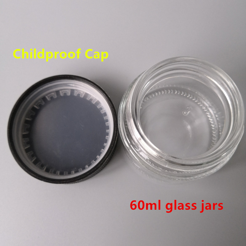 60ml 90ml 120ml glass jar child proof cap black/white cap weed Child Resistant Glass Jar custom smell proof jars glass packaging