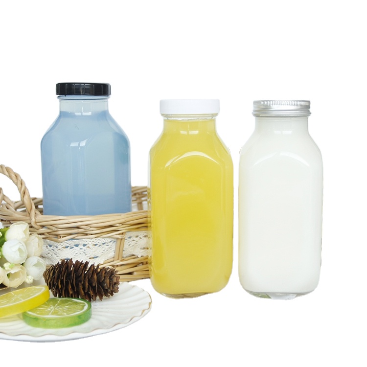 60ml to 500ml Different Shape Square Glass Bottle With Plastic Lid and Aluminum Lid Juice Square Bottle