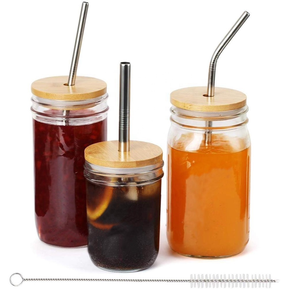 650ml 710ml Wide Mouth Boba Tea Mason Jar with Straw Hole Bamboo Lid