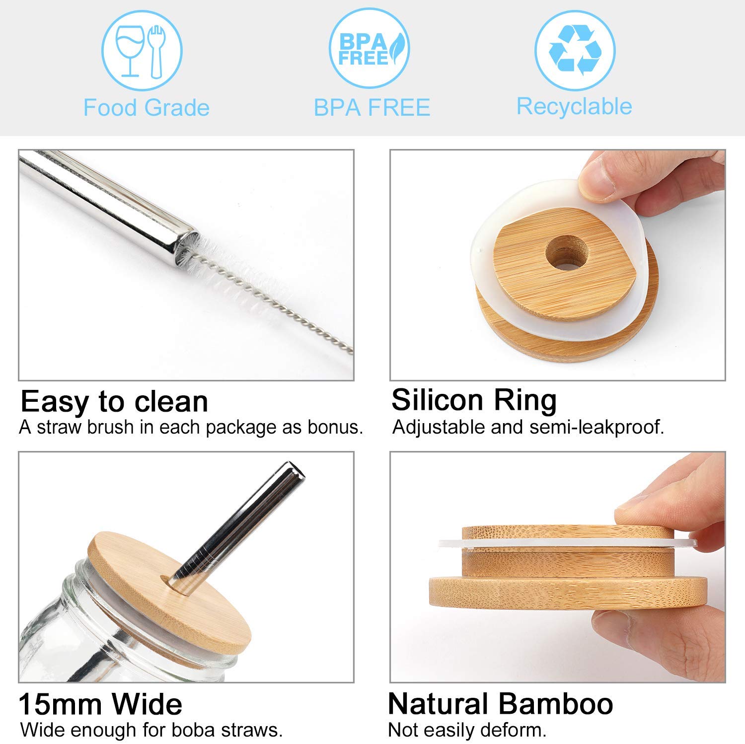 650ml 710ml Wide Mouth Boba Tea Mason Jar with Straw Hole Bamboo Lid