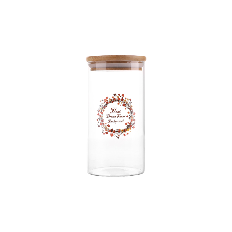 650ml high borosilicate decals kitchenware using glass storage jar with wooden lid stock small order for tableware