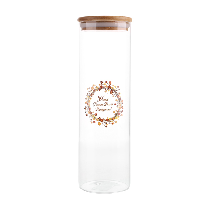 650ml high borosilicate decals kitchenware using glass storage jar with wooden lid stock small order for tableware