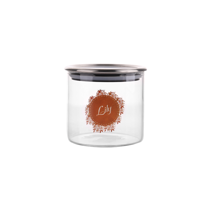 650ml high borosilicate decals kitchenware using glass storage jar with wooden lid stock small order for tableware