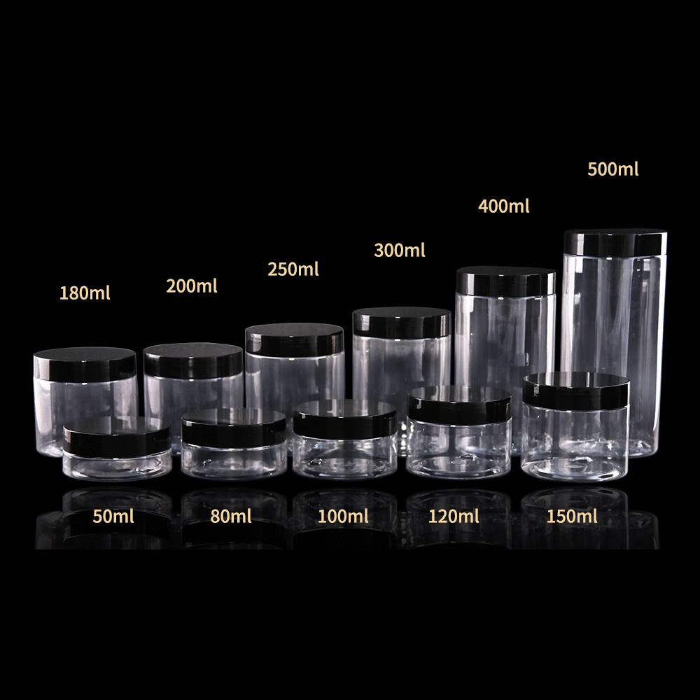 68mm Clear PET Plastic Nuts Beans Empty Food Containers Cosmetic Jar with Black Screw Cap Top