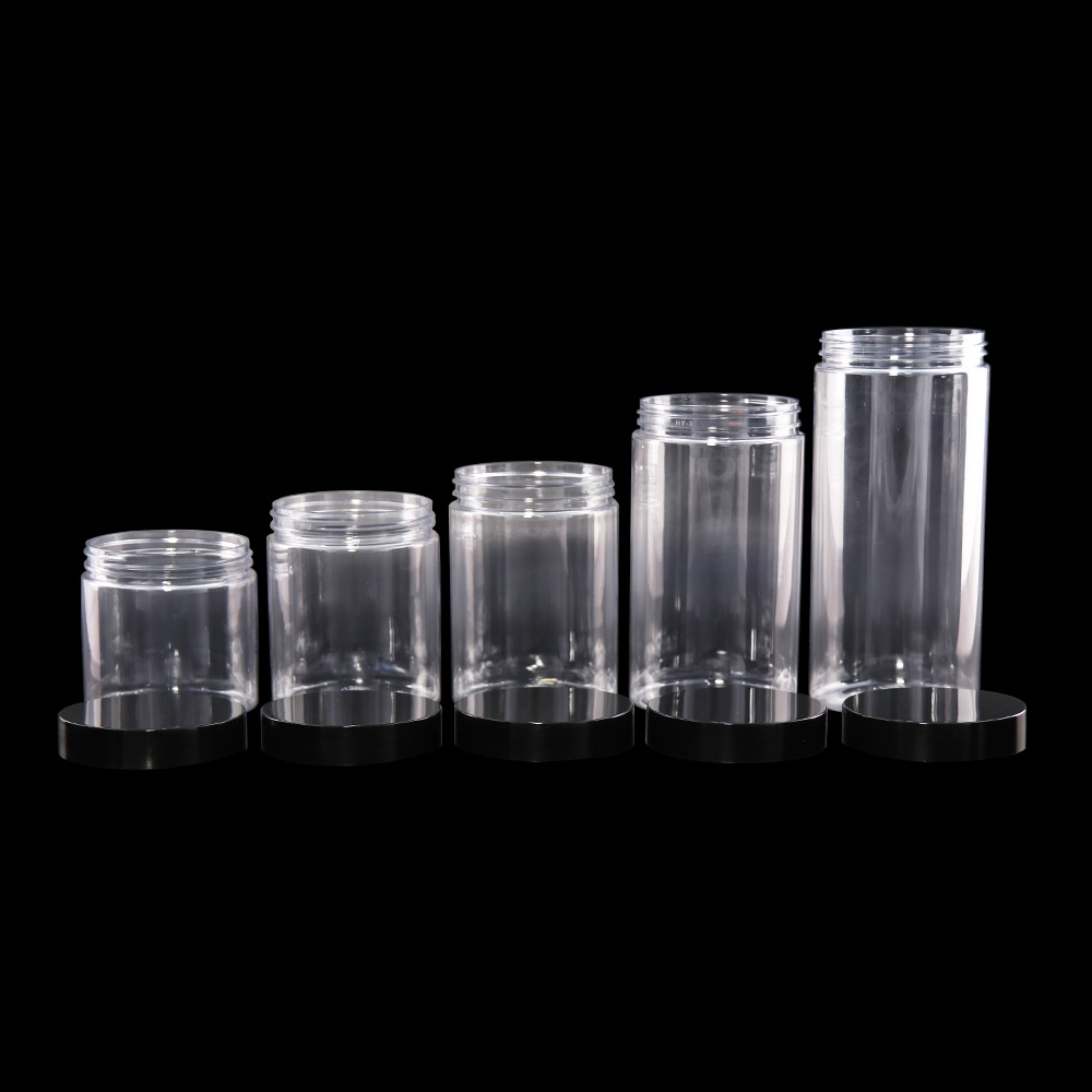 68mm Clear PET Plastic Nuts Beans Empty Food Containers Cosmetic Jar with Black Screw Cap Top