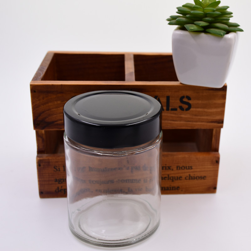 6OZ clear round Store jam grain chili sauce dried fruit with high black lid customize the color of the bottle glass bottle