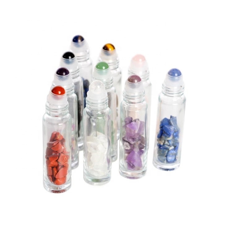 6ml 8ml 10ml 15ml Essential Oil bamboo cap Glass Roll on Bottle With Chips Inside and Natural Gemstone Roller ball