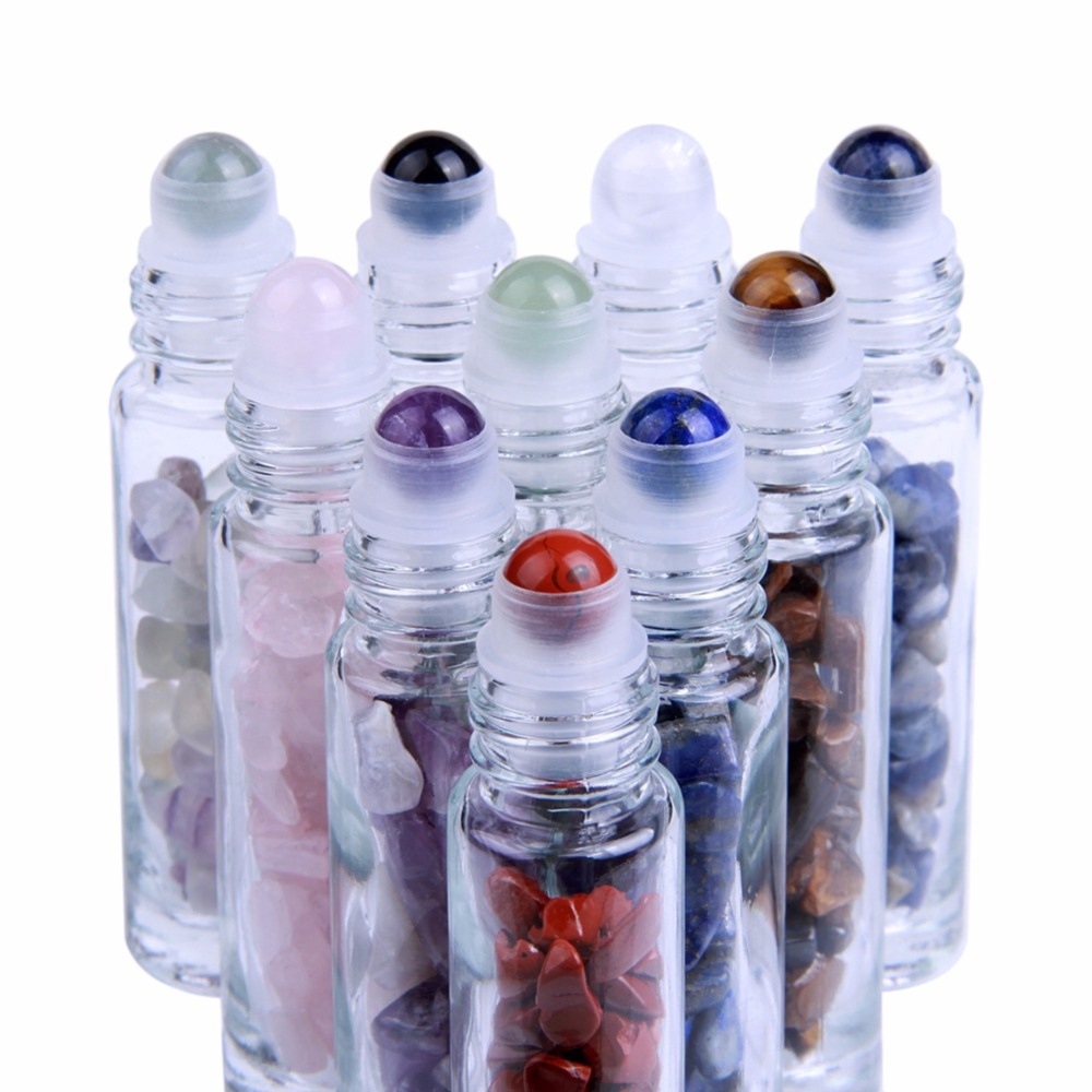 6ml 8ml 10ml 15ml Essential Oil bamboo cap Glass Roll on Bottle With Chips Inside and Natural Gemstone Roller ball