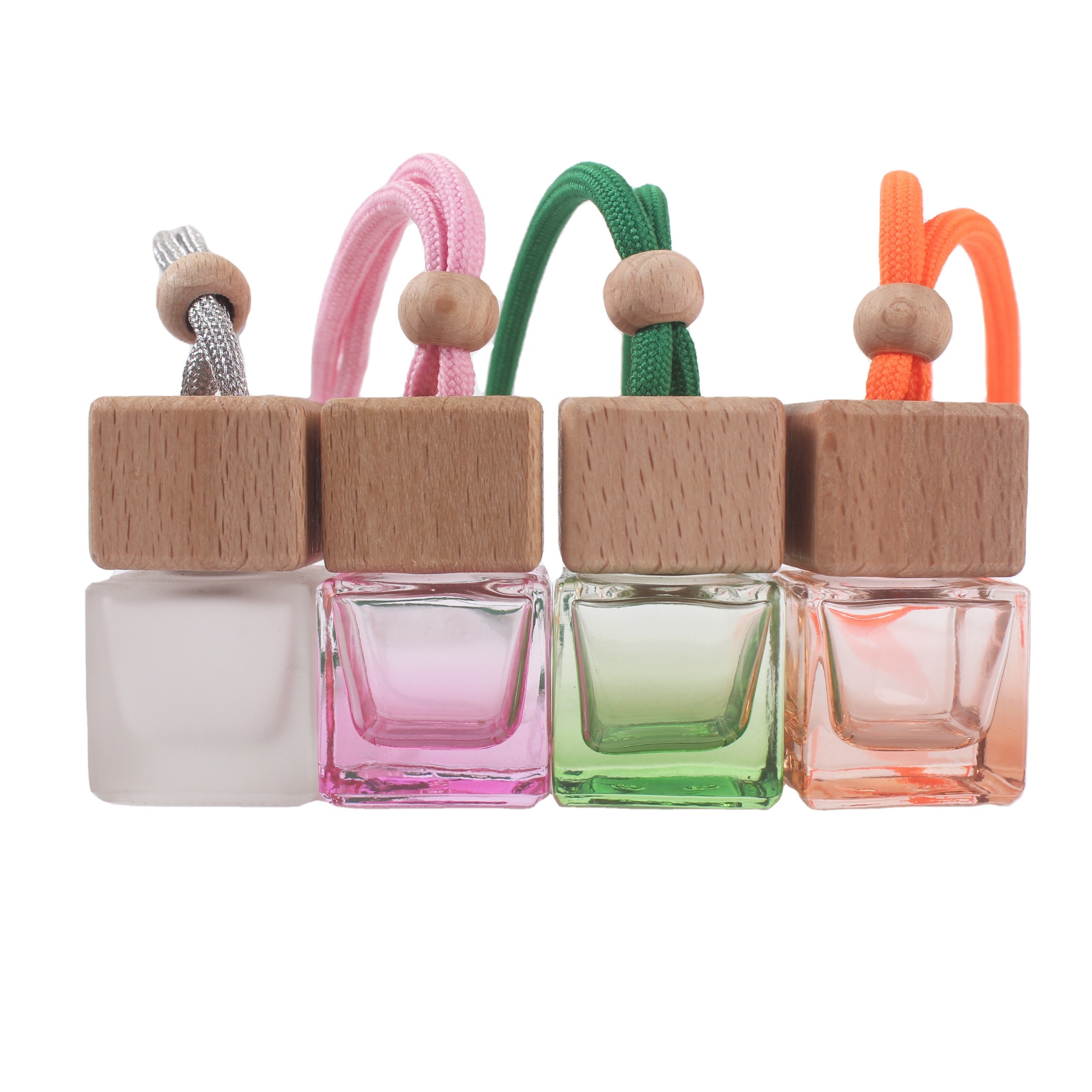 6ml 8ml 12ml Eco-friendly wooden covers colored car hang bottle aroma glass diffuser perfume bottle