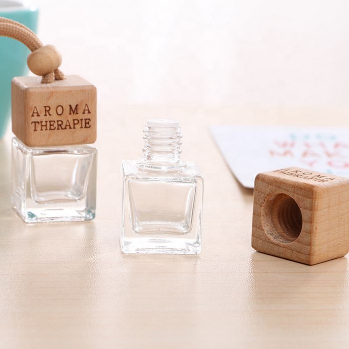 6ml Custom Logo wooden cover glass hanging perfume bottle car air fresheners car square aroma diffuser