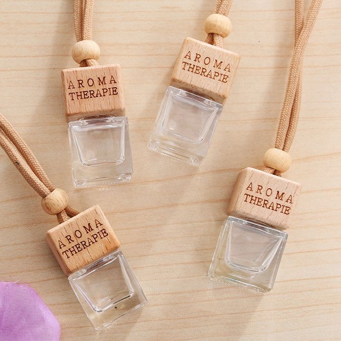 6ml Custom Logo wooden cover glass hanging perfume bottle car air fresheners car square aroma diffuser