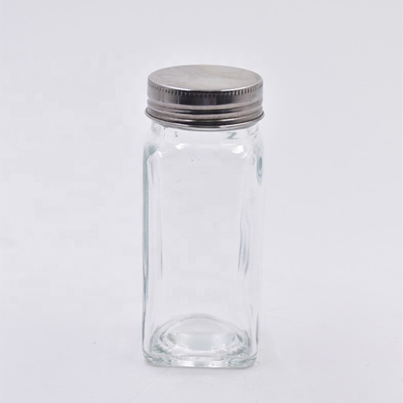 6oz 180ml clear square  salt pepper chicken powder glass spice jar with silver metal lid and plastic plug