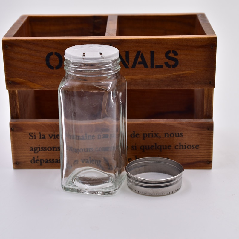 6oz 180ml clear square salt pepper chicken powder glass spice jar with silver metal lid and plastic plug