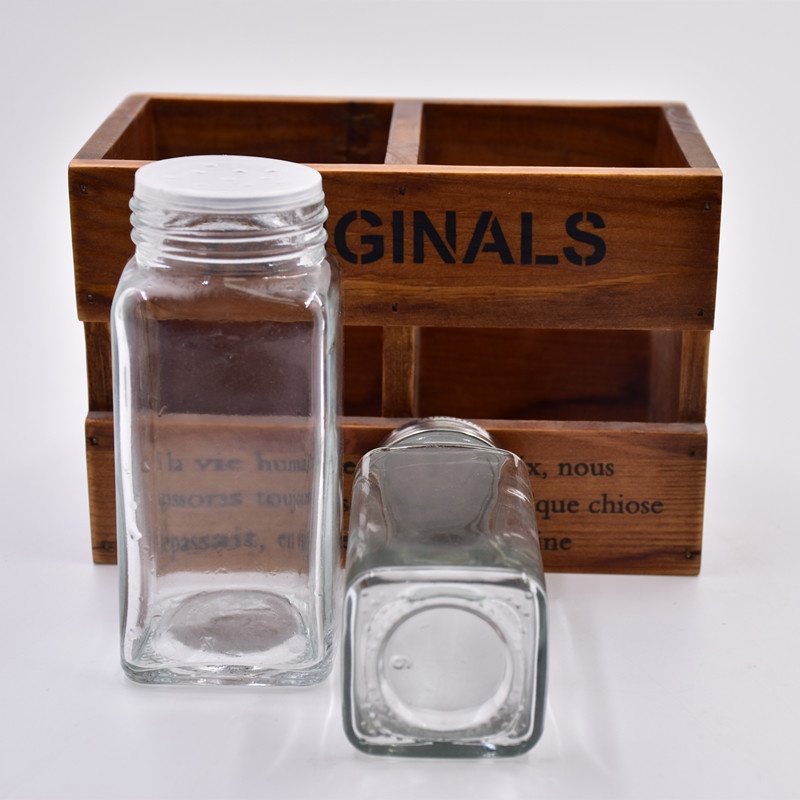 6oz 180ml clear square salt pepper chicken powder glass spice jar with silver metal lid and plastic plug