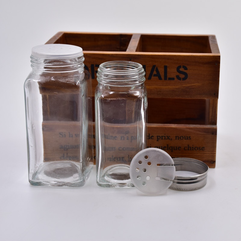 6oz 180ml clear square salt pepper chicken powder glass spice jar with silver metal lid and plastic plug
