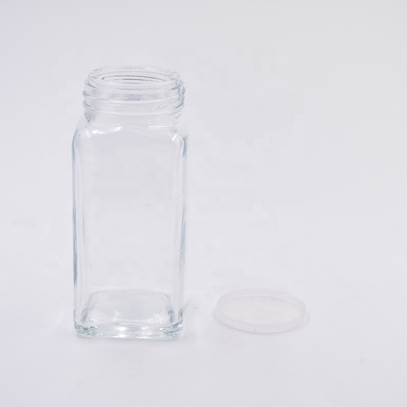 6oz 180ml clear square salt pepper chicken powder glass spice jar with silver metal lid and plastic plug
