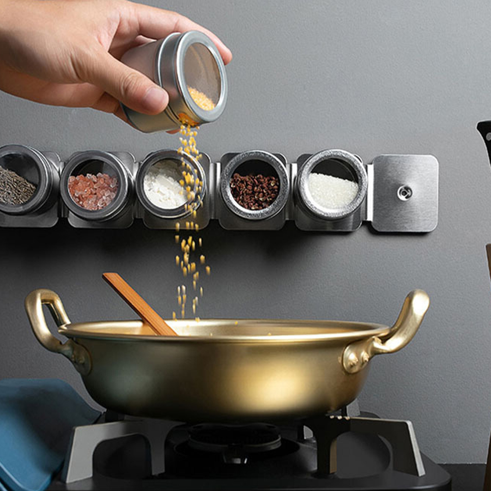 6pcs Set Round Stainless Steel Adjustable Stainless Steel Magnetic Tin Containers Spice Jar//