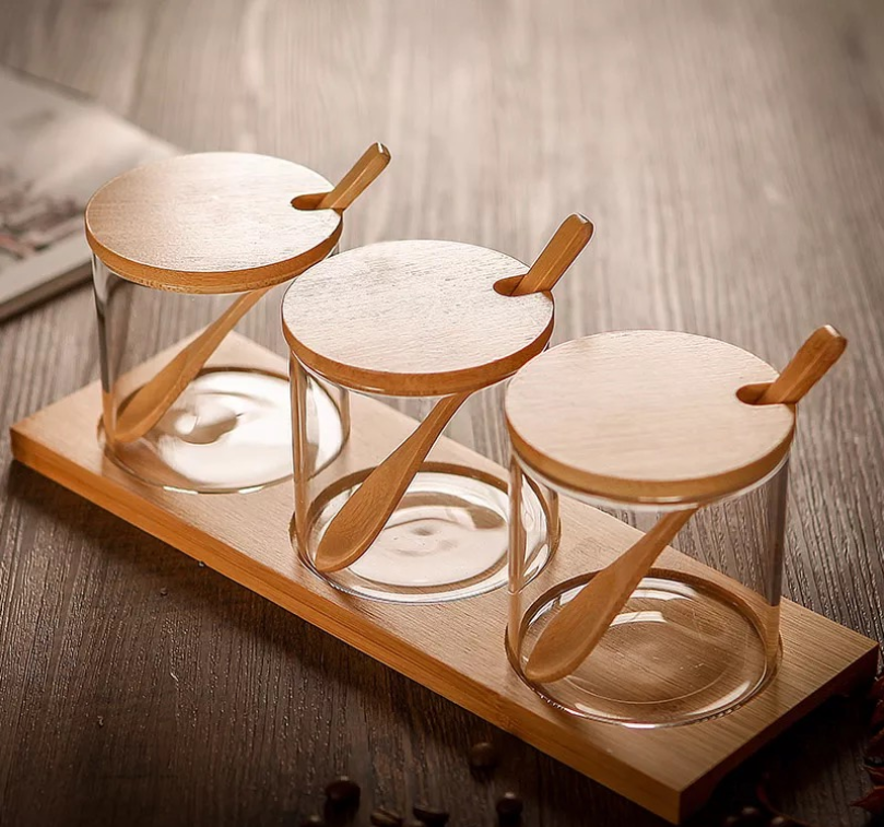 7.8oz Healthy Eco-friendly Reusable Glass Spice Storage Jar with Bamboo Lid and Spoon