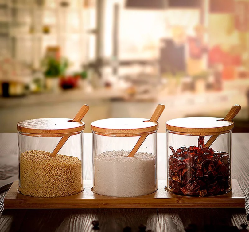 7.8oz Healthy Eco-friendly Reusable Glass Spice Storage Jar with Bamboo Lid and Spoon