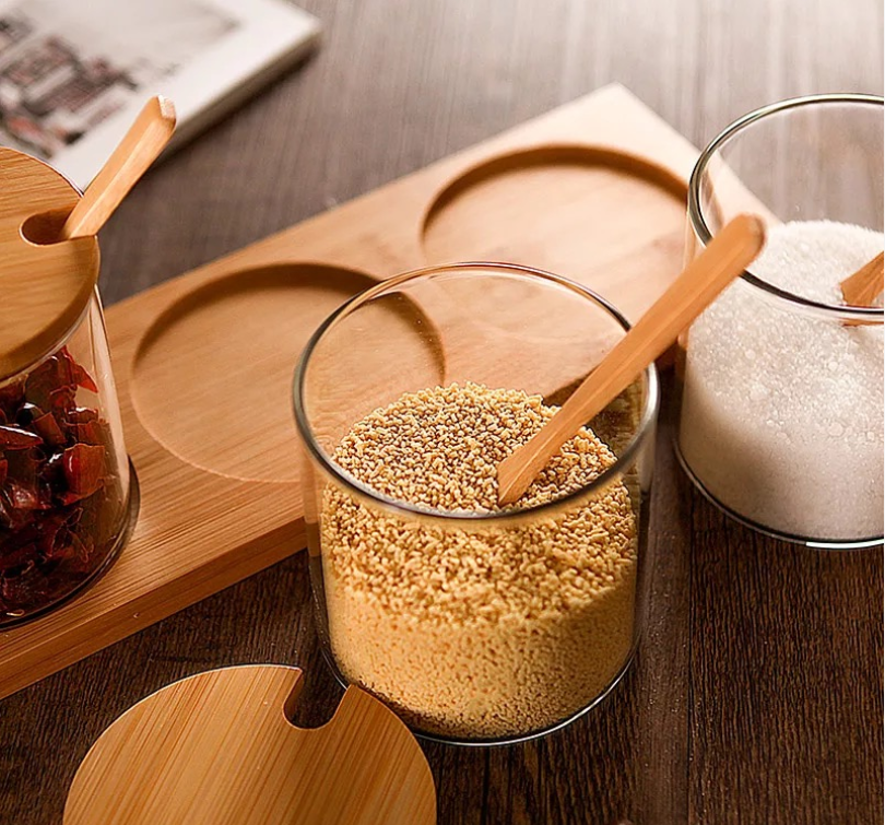 7.8oz Healthy Eco-friendly Reusable Glass Spice Storage Jar with Bamboo Lid and Spoon