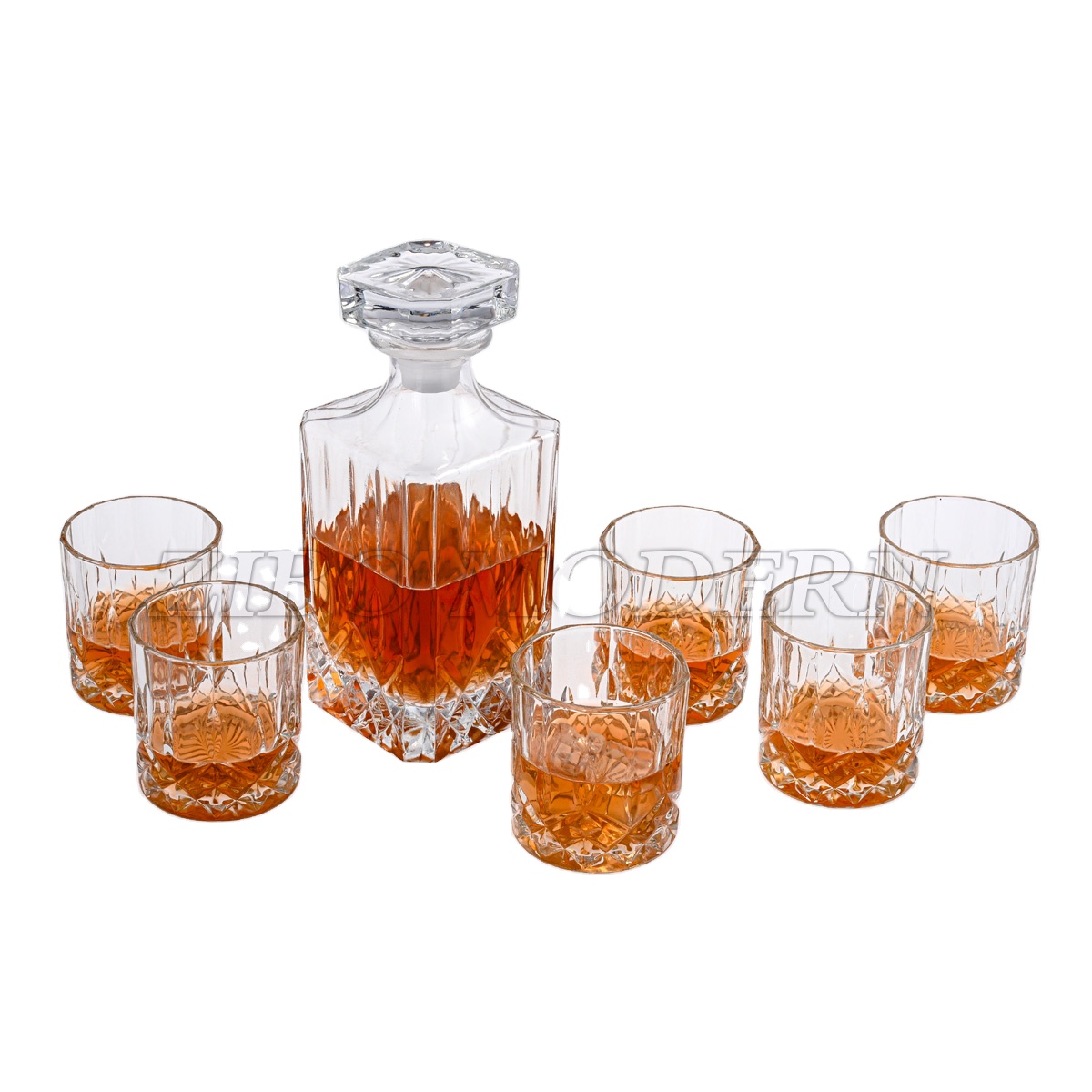 7-Piece Italian Crafted Glass Decanter & Whisky Glasses Set Whiskey Decanter with Ornate Stopper and 6 Cocktail Glasses