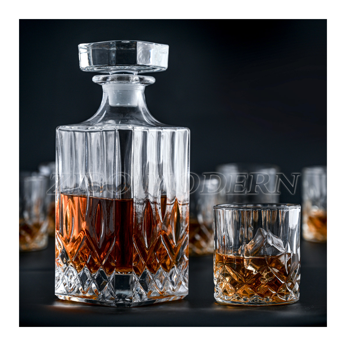 7-Piece Italian Crafted Glass Decanter & Whisky Glasses Set Whiskey Decanter with Ornate Stopper and 6 Cocktail Glasses