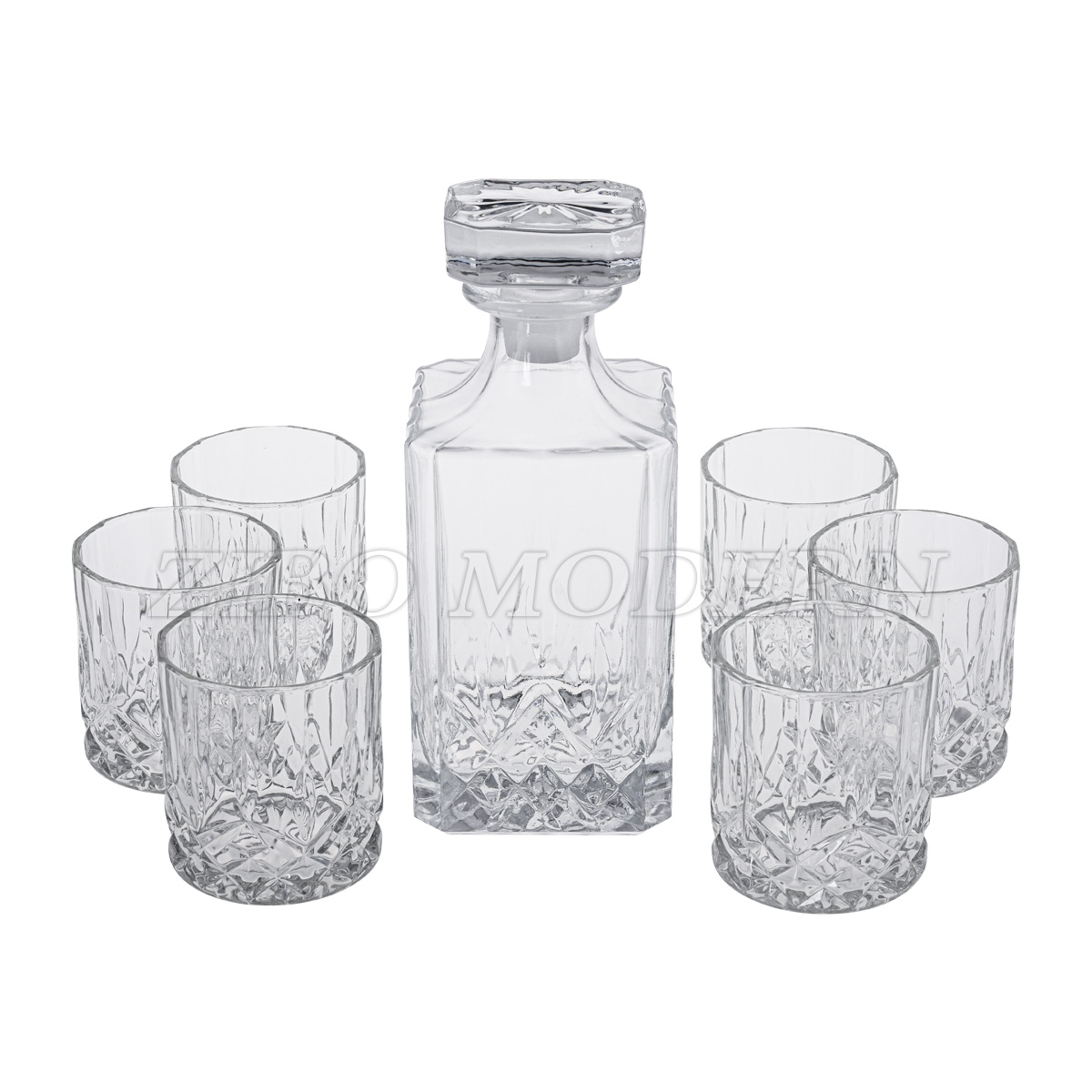 7-Piece Italian Crafted Glass Decanter & Whisky Glasses Set Whiskey Decanter with Ornate Stopper and 6 Cocktail Glasses
